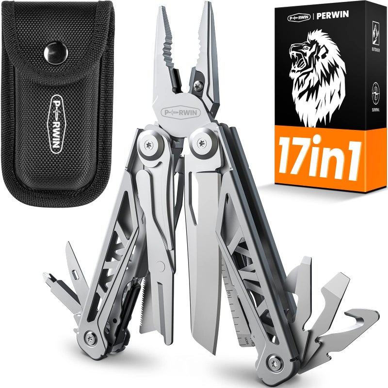 PERWIN Multitool 17 في 1 كماشة متعددة الأدوات من الفولاذ المقاوم للصدأ مع سكين جيب ذاتي القفل من النايلون غمد احترافي (EDC) أداة متعددة للبقاء على قيد الحياة والتخييم والصيد والمشي لمسافات طويلة وإصلاح بسيط - Image 1